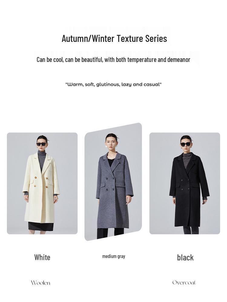 2024 Autumn/Winter Women's Mid-Length Double-Breasted Wool Coat - Versatile Solid Color Commuter Outerwear