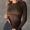 2025 Y2K Ribbed Crew Neck Women's Slim Fit Long Sleeve T-Shirt - Solid Color