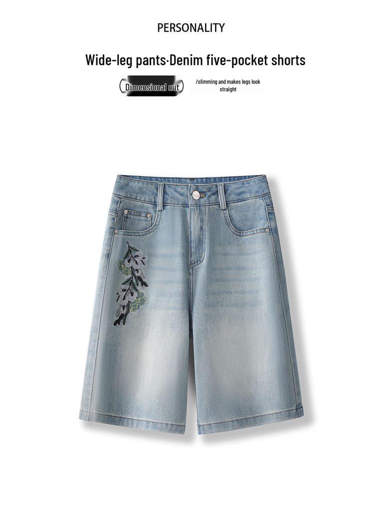 Women's High-Waist A-Line Wide Leg Embroidered Denim Shorts - Summer 2025 Collection