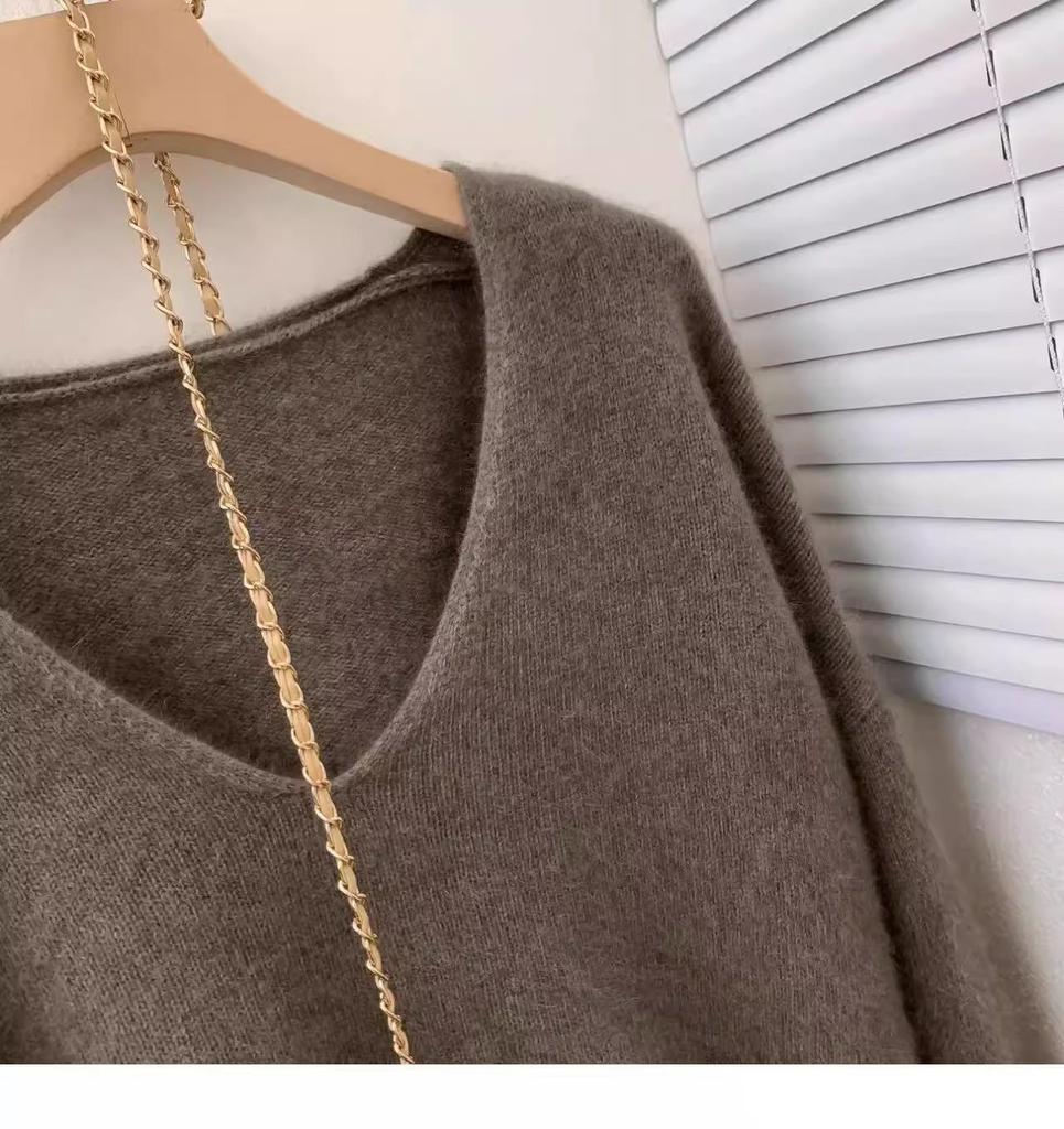 Luxurious V-neck Korean Style Loose Wool Sweater - 100% Pure Soft Knit for Autumn/Winter