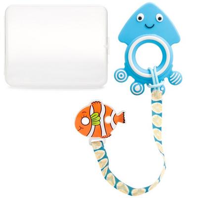 Yekkomam Animal Friends Silicone Teether + Pacifier Clip, Pacifier, Teether (Squid Blue), Clip (Orange), Korean Baby Products