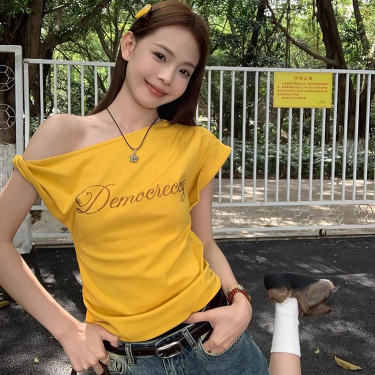 

хлопок харадзюку Женские футболки летние с коротким рукавом косой воротник повседневные сексуальные с надписью термофиксация облегающая футболка женская y2k топы одежда XL жёлтый