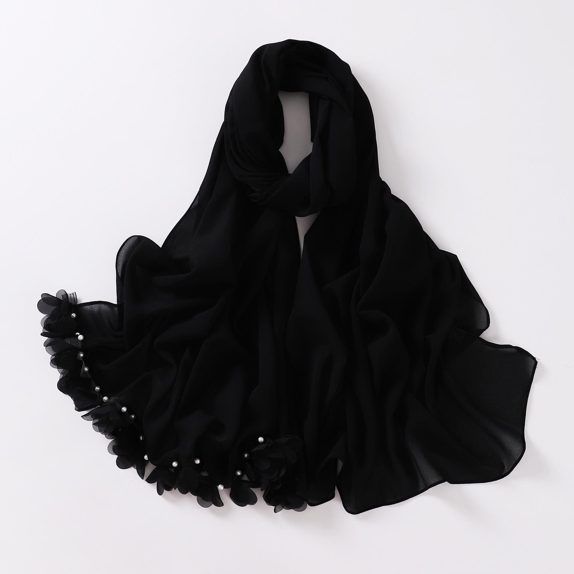 

Fashion Bubble Pearl Chiffon Scarf Flower Beads Hijab Muslim Women Headscarf Turban Shawl Wrap Islam Veil Stoles Scarves Bufanda чёрный