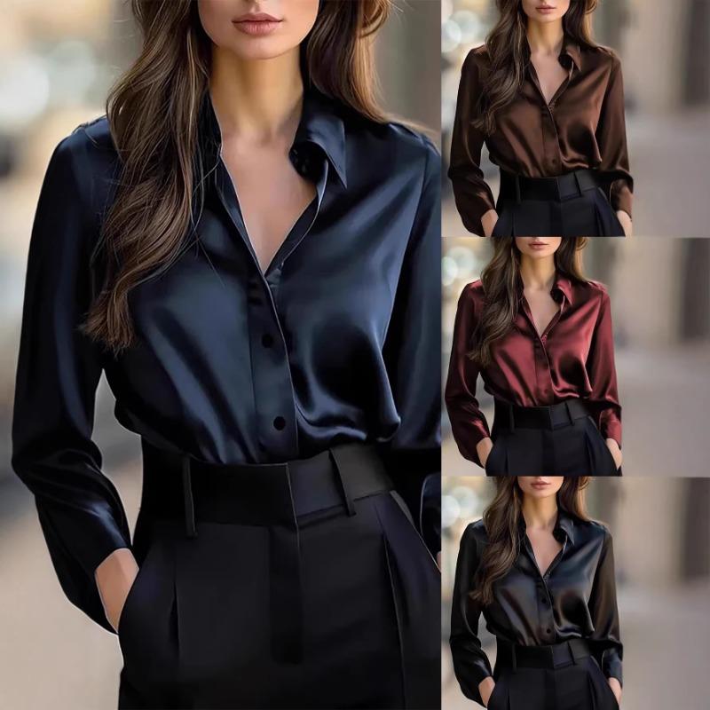 New Solid Color Temperament Commuter V-neck Shirt Spring and Autumn Loose Top for Women