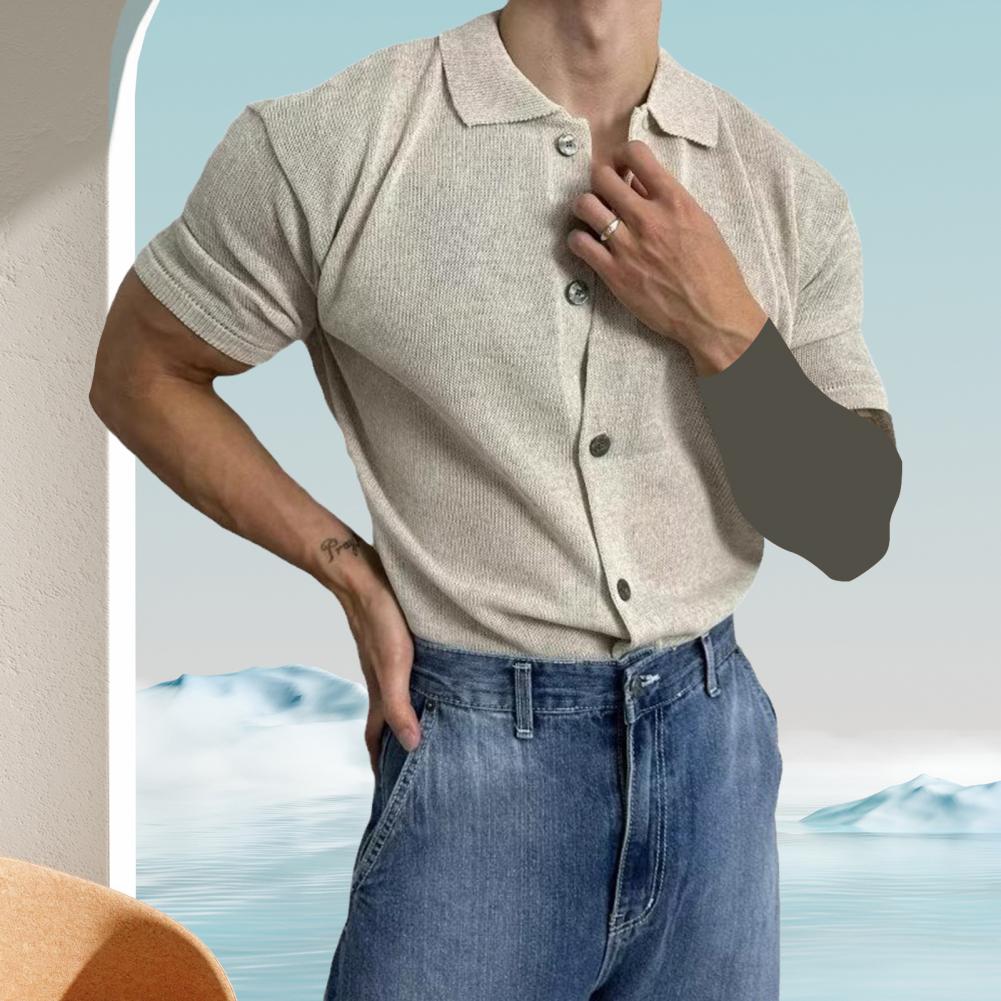Camicia da uomo estiva a maglia a maniche corte con colletto rovesciato monopetto elasticizzata tinta unita cardigan ampio per uso quotidiano casual a