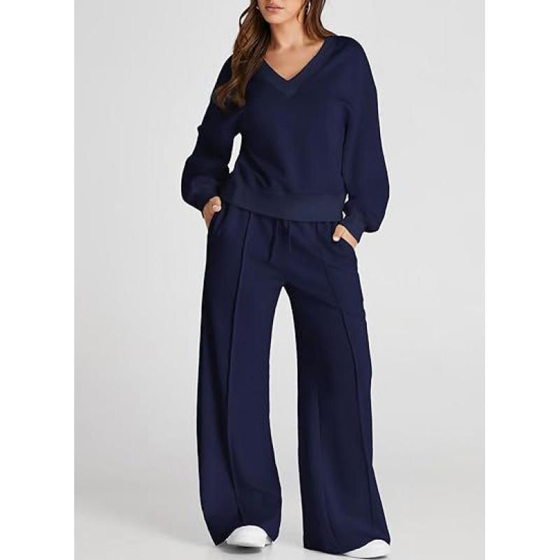 Conjunto Casual de Sudadera de Color Sólido con Cuello en V y Pantalones Largos para Mujer Otoño/Invierno 2025 - Moda Europea/Americana