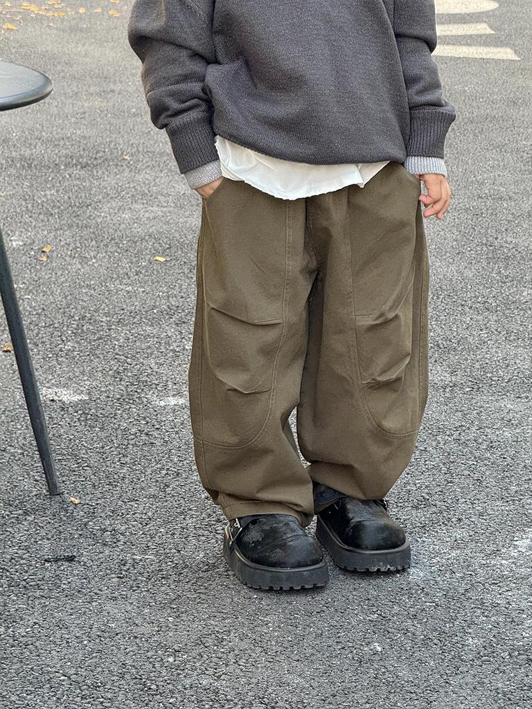 Korean-Style Boys' Fleece-Lined Cargo Pants, Washed and Faded, for Autumn/Winter 2025 - Medium and Big Children's Casual Wear