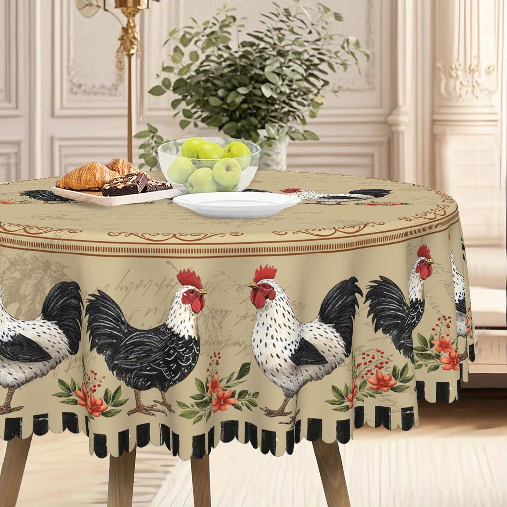 Vintage Pastoral Round Table Tablecloth, Rooster Pattern Flower European Country Household Table Cloth, Fabric Tablecloth
