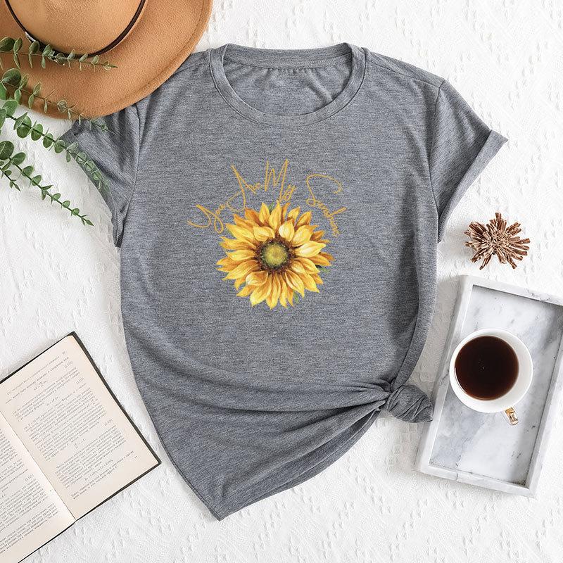 Summer Women's Fashionable Sunflower Print Short Sleeved Casual Loose Cotton Round Neck Top