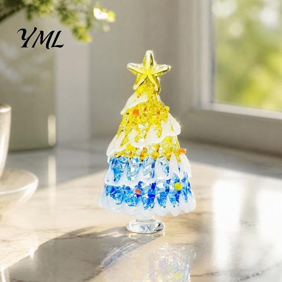 Decorative Christmas Collectibles Hand Blown Glass Tree Figurine, Mini Tabletop Seasonal Window Display Decor Xmas Ornament, Handmade Desktop Holiday