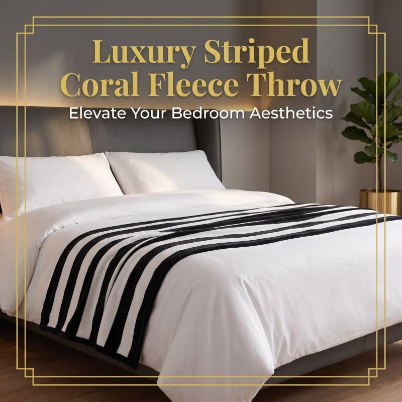 Striped Coral Fleece Blanket Office Nap Dorm Bed Sofa Fall Lightweight Cozy Throw