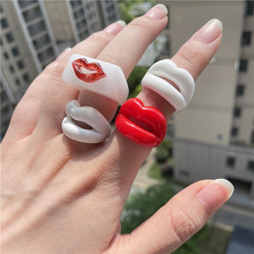 Personality New Punk For Women Square Geometric Fashion Jewelry Resin Rings Lips Finger Ring