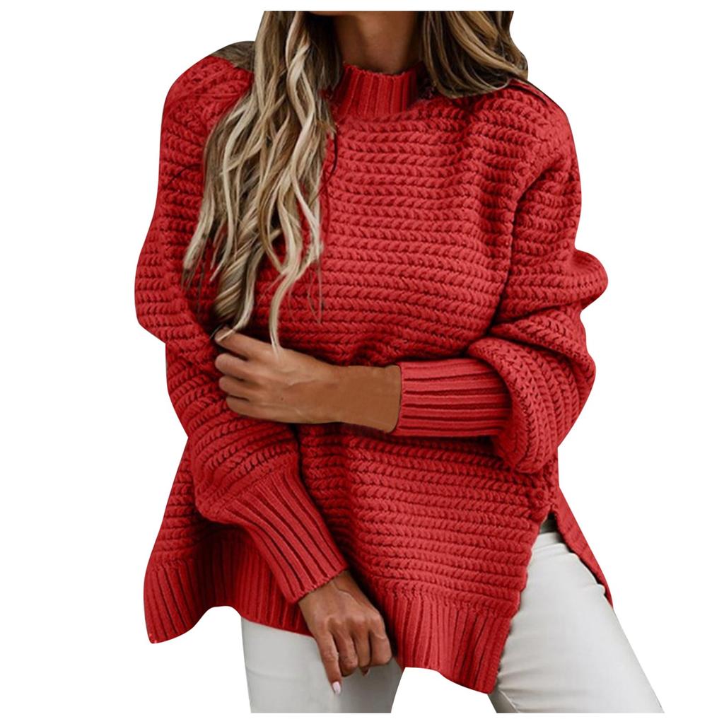 Women Loose Casual Solid Stitching Long-Sleeved Knitted Sweater