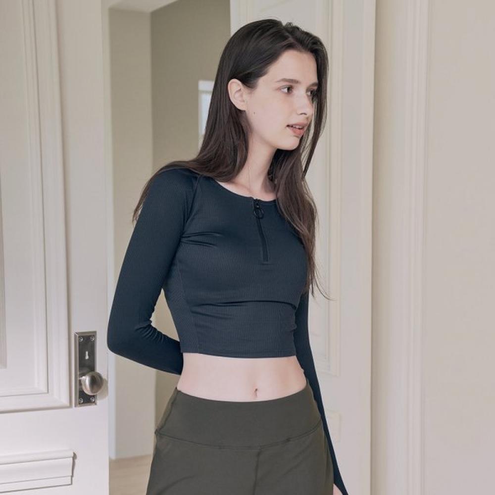 HuiT New Zipper Rib Round Crop Long Sleeve T