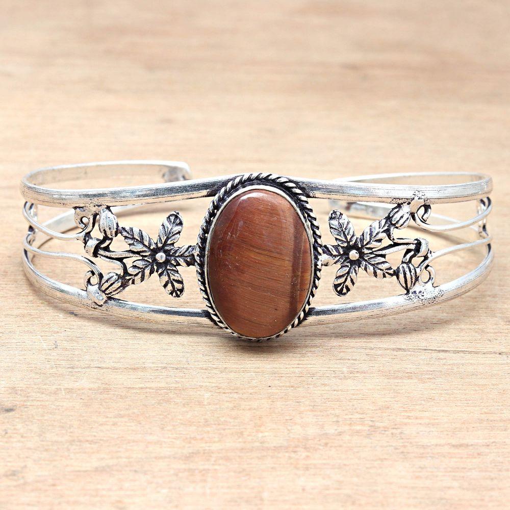 Tiger's Eye Gemstone Antique Silver Jewelry Cuff Bracelets 7''Adjustable