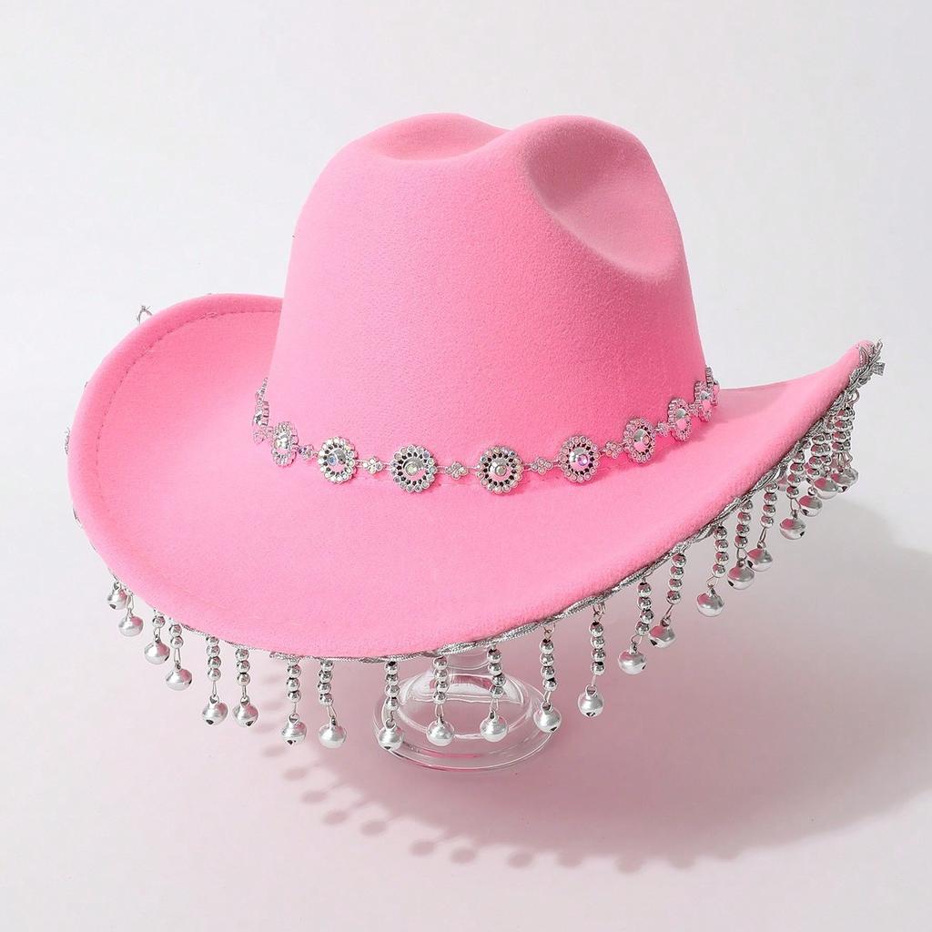 European and American Women's Western Cowboy Top Hat Simple Rhinestone Ringing Bell Fringed Design Jazz Hat Wedding Ball