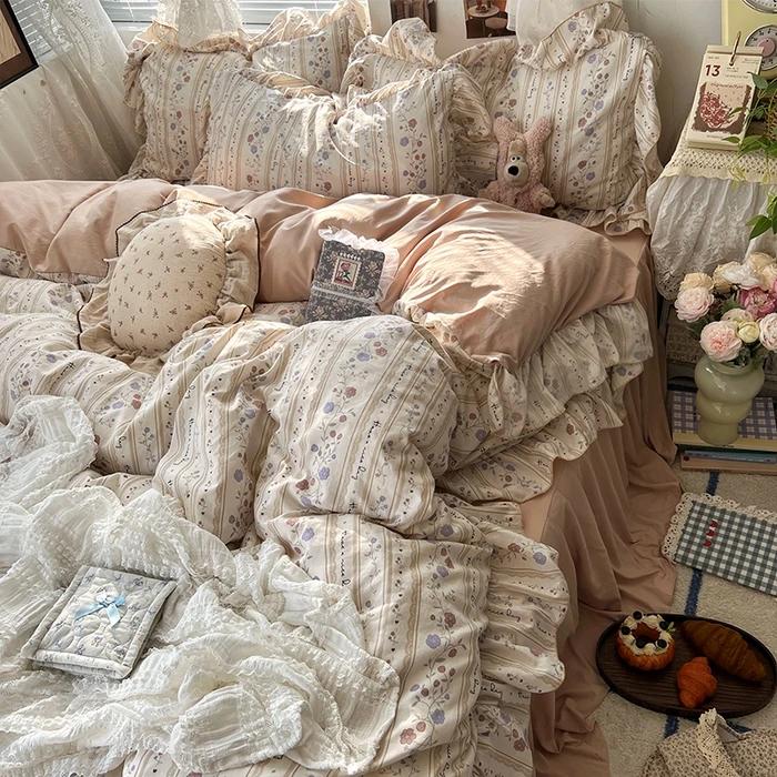 New Korean Princess Style Floral Ruffles Bedding Set Skin-Friendly Soft Duvet Cover Set Bed Sheet Or Bed Skirt Pillowcases