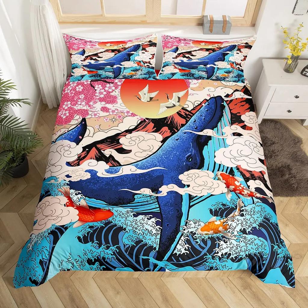 Japanese Wave Duvet Cover Set Sea Storm In Japan Traditional Drawing Foamy WavesBedding Set Full SizeEarth Yellow Dark Blue