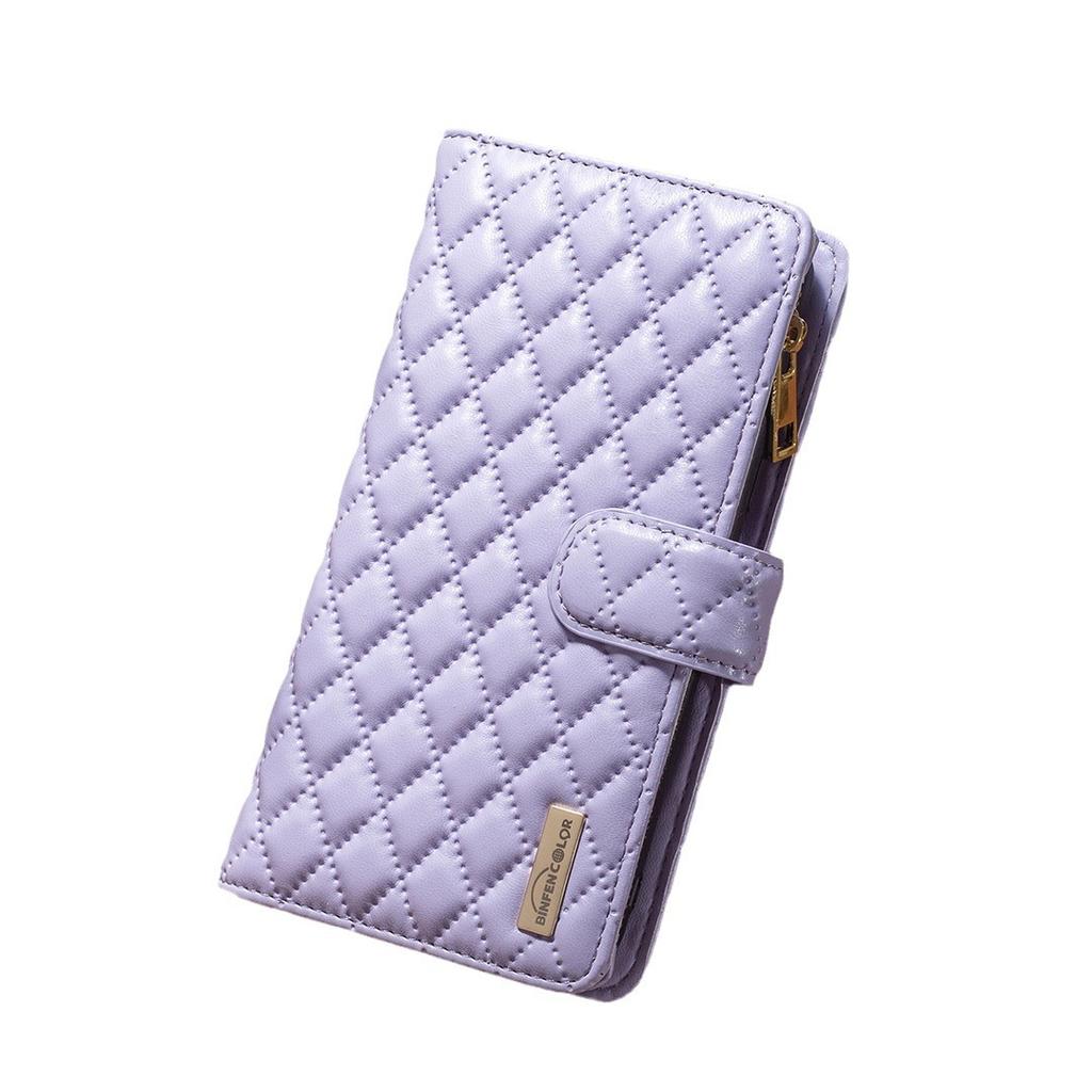 Applicable to iPhone16E mobile phone leather case 14Pro rhombus pattern small fragrant style zipper bag leather case 15plus solid color