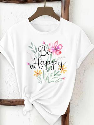(Rozmiar azjatycki) T-shirt z nadrukiem z okrągłym dekoltem, modny top z kwiatowym motywem, odzież damska, moda damska, t-shirt, damski z krótkim rękawem, graficzne t-shirty