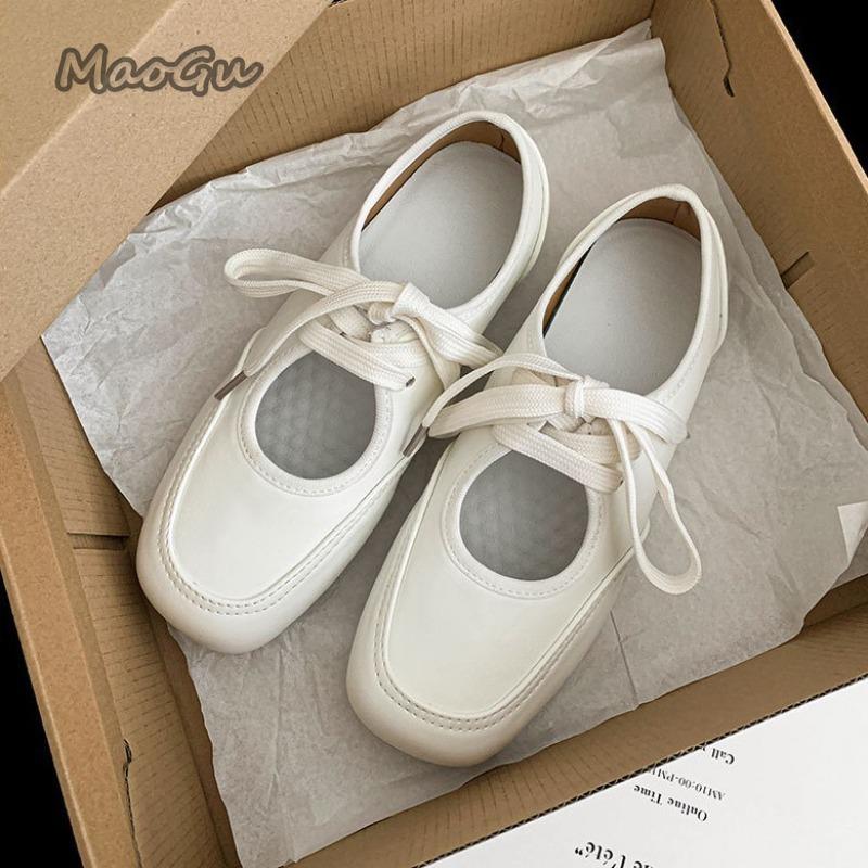 Fashion White French Retro Ballet Flats for Women 2025 Spring Autumn Mary Jane Shoes Low Heel Pumps Lace Up Round Toe Bow Casual Shoes