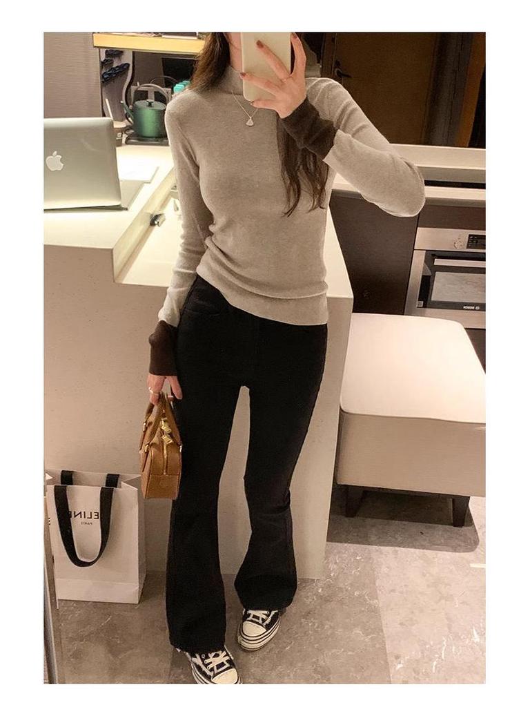 Korean Color Block Slim Fit Women's Knitwear - Autumn/Winter Long Sleeve Semi-High Neck Sweater