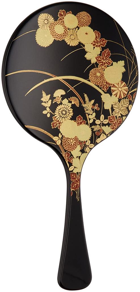 Nakatani Brothers Company Yamanaka Lacquerware Round Hand Flowers and Plants Mirror, Black, 33-0906