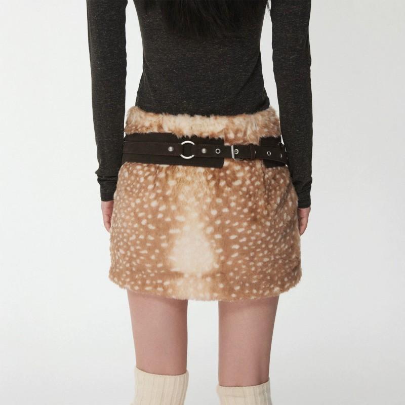 Winter Faux Fur Mini Skirt High Waist Deer Print Plush Women