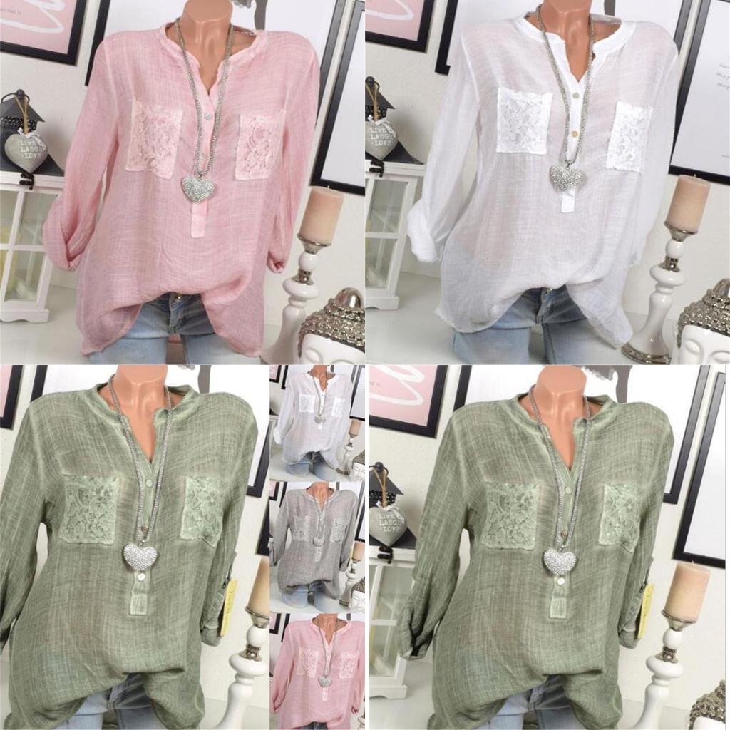 Chic Lace Shirt Autumn Women V-neck Long Blouse Loose Plus Size Sleeve S-5xl