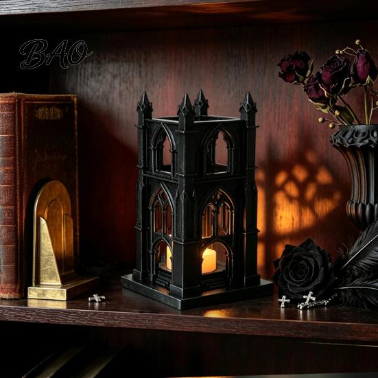 Luminous Figurine for Home Gothic Cathedral LED Candle Lantern, Church Shaped Flameless Tealight Lamp, Holiday Party Ornament Spooky Vintage