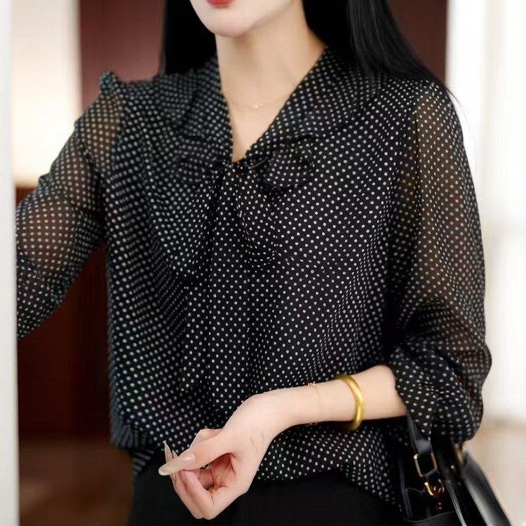 Women's Elegant V-neck Black Polka Dot Chiffon Lace-up Top