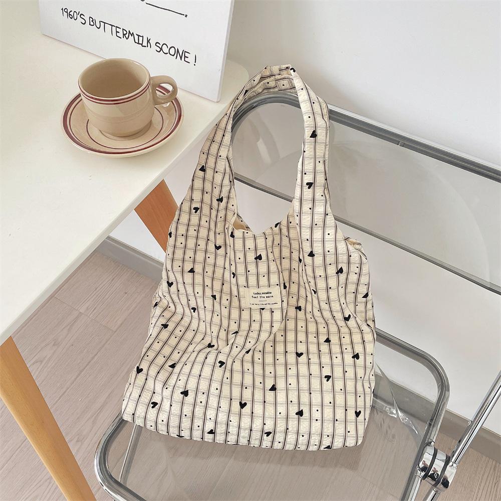 

Summer new lazy sweet plaid love shoulder shopping bag casual canvas vest bag