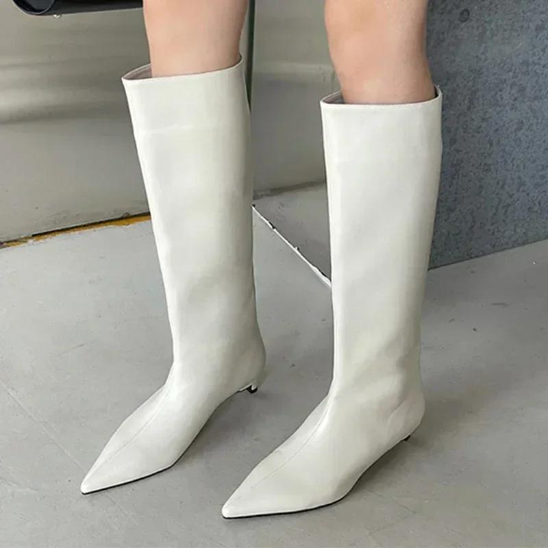 Fashion Pointed Toe Women High Boots Leather Fashion Sexy Heels Shoes Woman 2025 Trend New Snow Boots Low Heels Elegant Goth