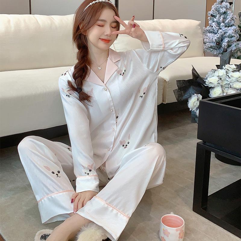 Ice Silk Pajamas Women'S Spring Summer New Long-Sleeved Trousers Casual Loungewear High-End Satin Silk Suit