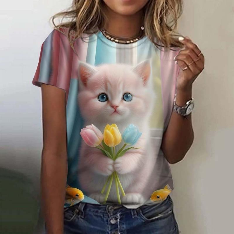 Damski T-shirt dla Dziewczyn Wzór Słodkiego Kota Nadruk 3D Topy Lato Krótki Rękaw Casual Moda Odzież Damska Oversize T-shirty