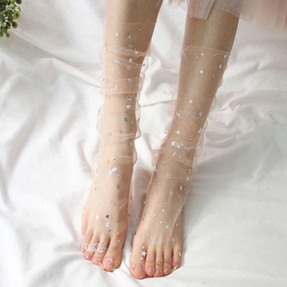 Spring Candy Colors Mesh Glitter Women Shiny Stars Transparent Hosiery Fishnet Socks Women Socks