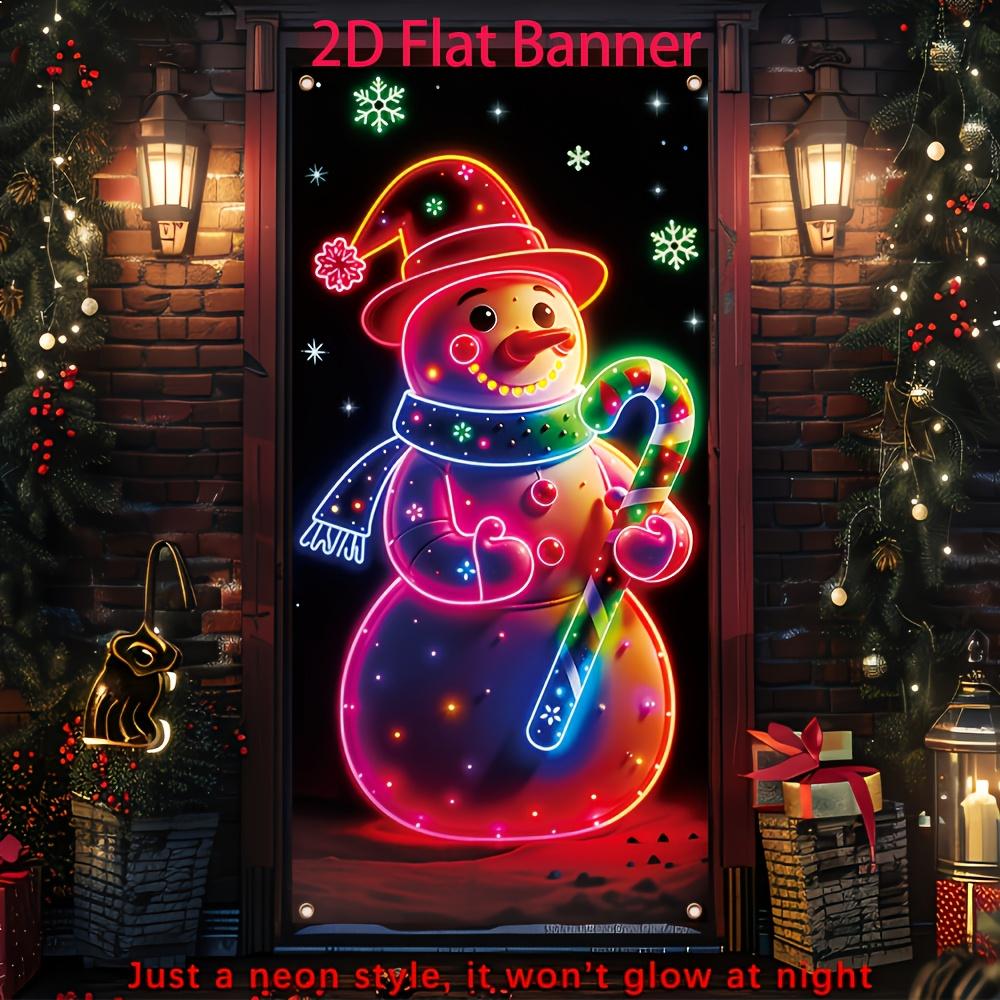 2D flach, 1-teilige festliche Schneemann-Neon-Türfahne - Strapazierfähiges Polyester-Material, mit Stab und Zuckerstangen, Weihnachtsfeier