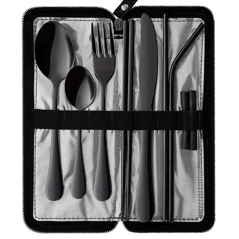 10Pcs Portable Utensils Travel Camping Cutlery Set Stainless Steel Tableware Set Knife Fork Spoon Chopsticks Straw Brush Gift