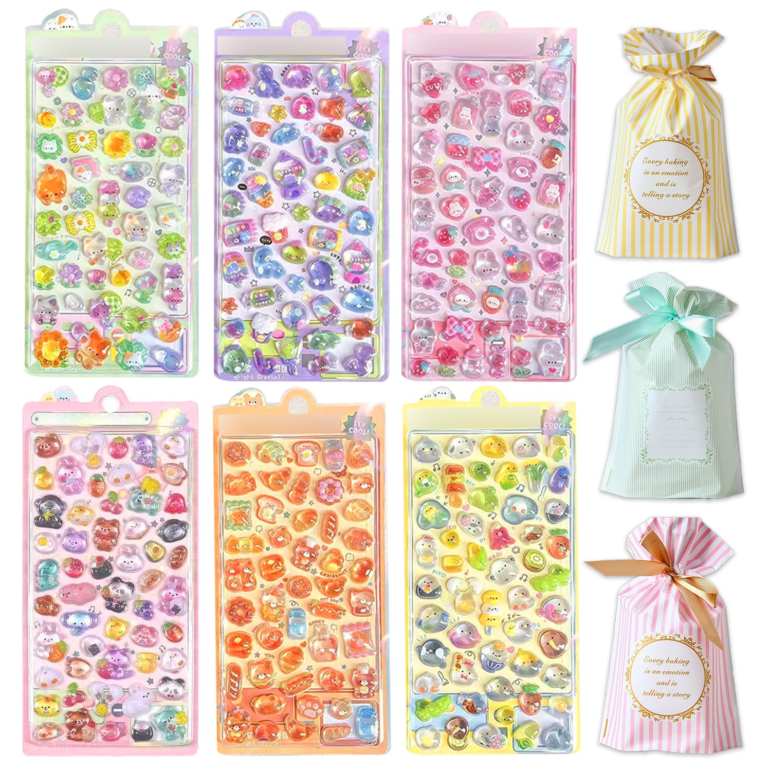 

Agture 3D Puffy Cute Sticker Set 6 Sheets 300+ Embossed Stickers Random Gift Bag Perfect for Christmas Surprises