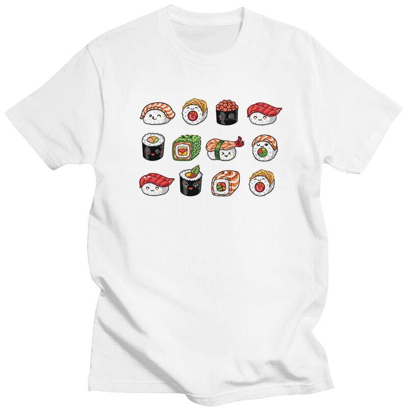 Custom Kawaii Rolls And Sushi Tshirt for Men Short Sleeves Leisure T Shirt Japanese Food Cartoon Manga Tshirt Pure Cotton Tee