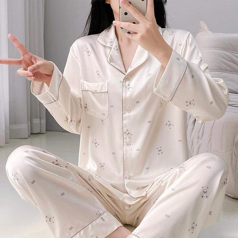 Women's Autumn/Winter Ice Silk Cartoon Pajamas, Korean-Style Sweetheart Set - Long Sleeve & Pants