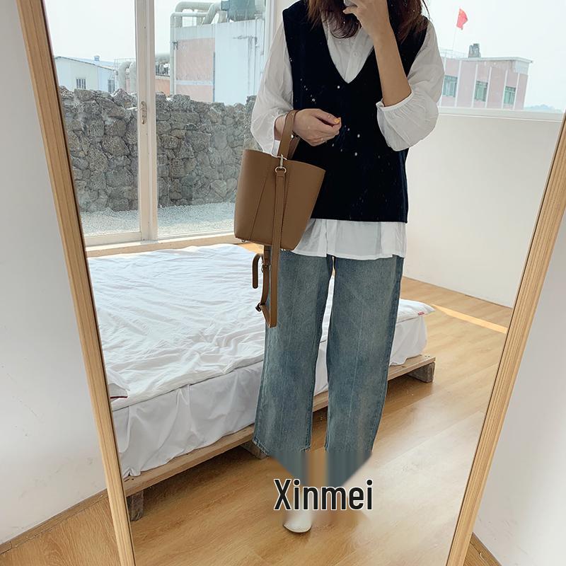 2025 Autumn/Winter Korean Style Large Capacity Solid Color Mother-Child PU Crossbody Bucket Bag for Women