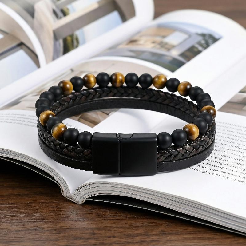 Beads Leather Bracelet Men Classic Tiger Eye Beaded Multi Layer Leather Bracelet For Men Jewelry Gift