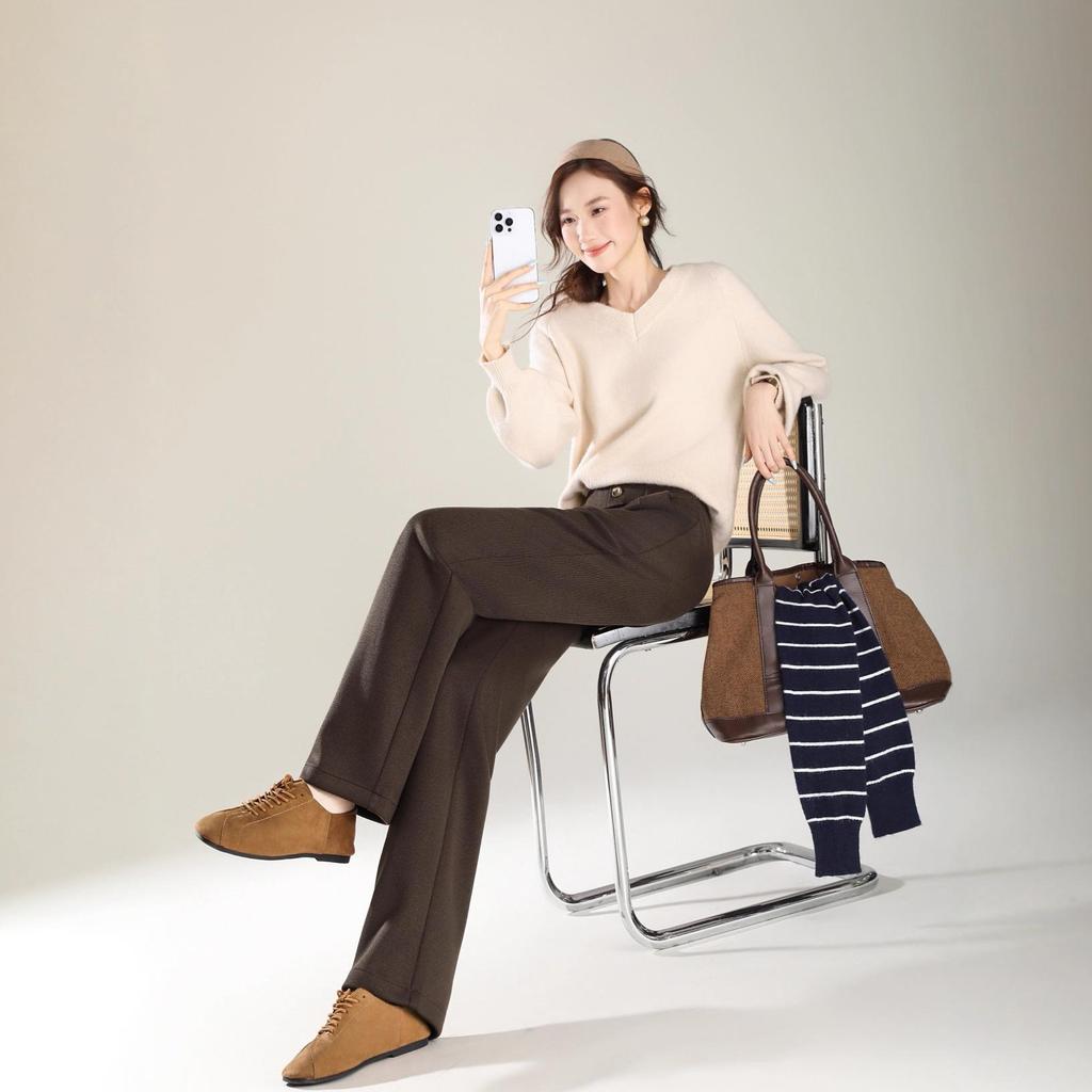 Dámské kávově hnědé pruhované tvídové kalhoty s vysokým pasem, fleecovou podšívkou a rovnými nohavicemi pro volný čas