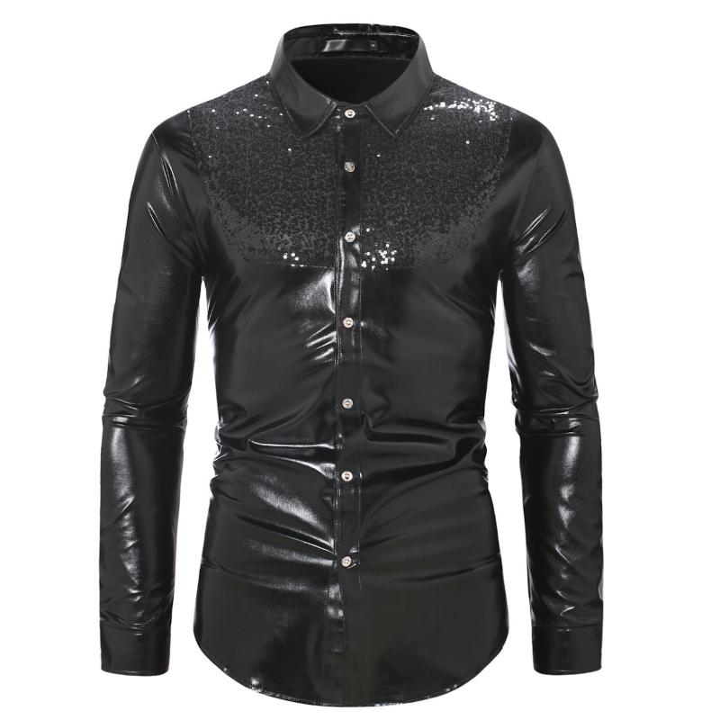 Mens Sequin Long Sleeve Shirt Party Nightclub Dance T-Shirt Shiny Button Tops