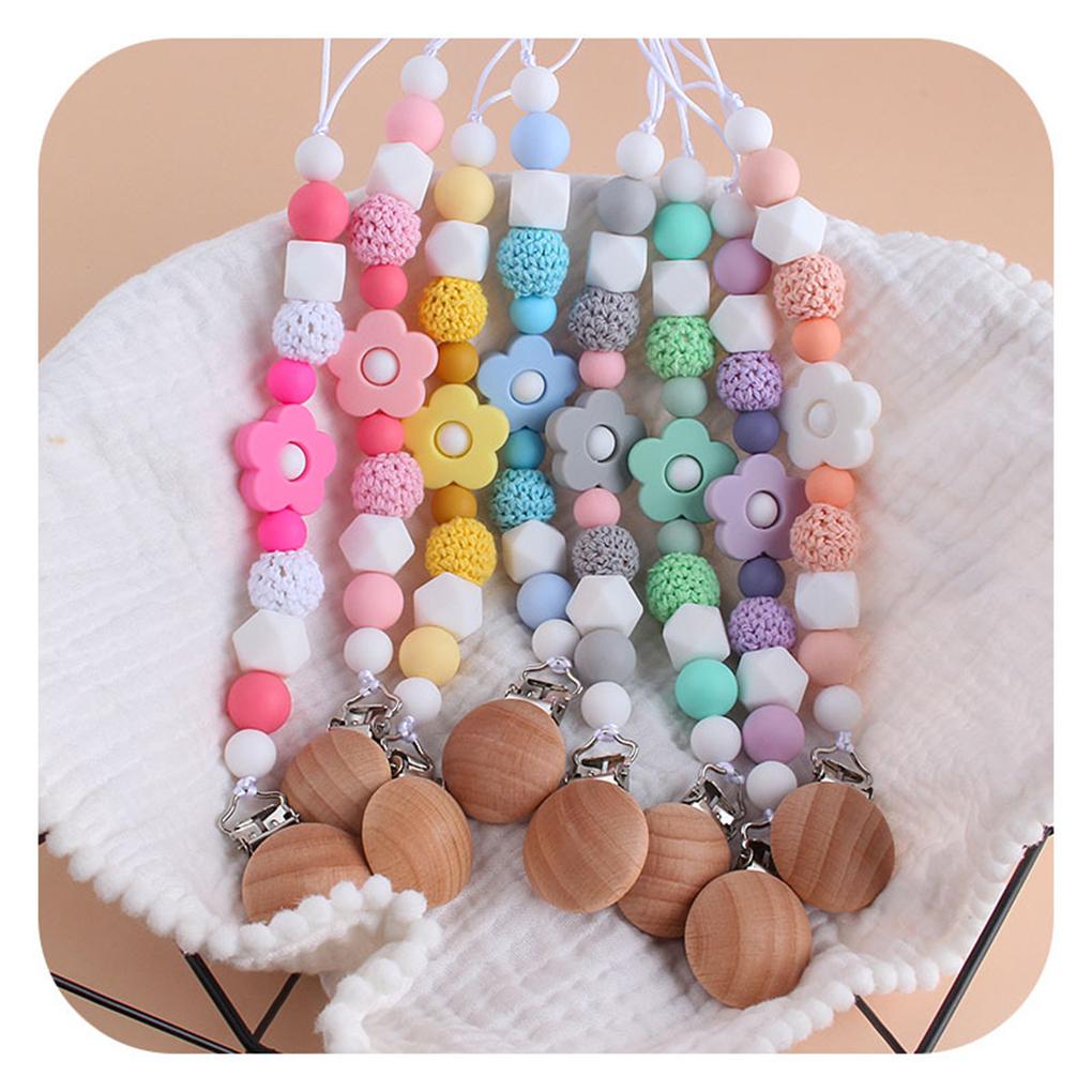 2021 New Portable Baby Chain Wood Silicone Chain Anti-drop Clip Teething Accessory