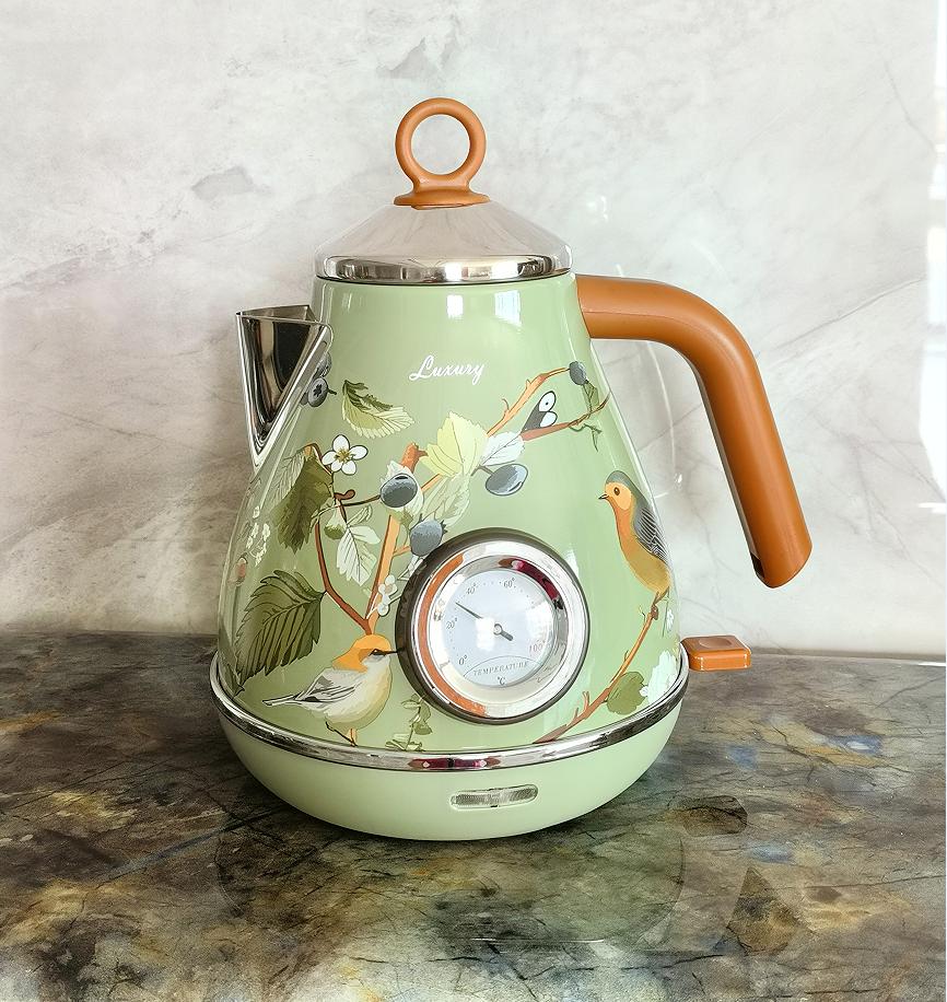 Flower-Painted Electric Kettle with Vintage Instrumental Thermometer, 1850W SUS304 LED 1.7L Automatic Shutdown and Dry Cooking Protection