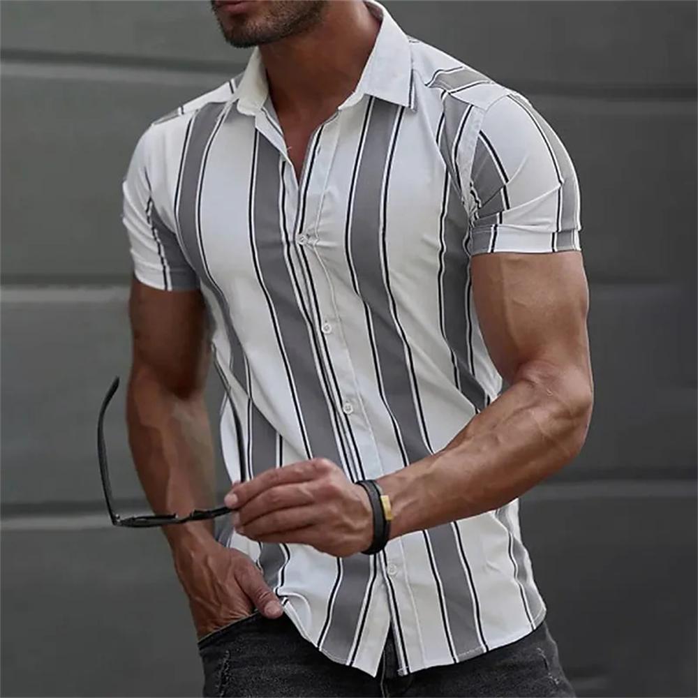 Fashion Men's Striped Print Shirts Button Short Sleeve Lapel Streetwear Summer Basic Blouse Classic Shirts for Men