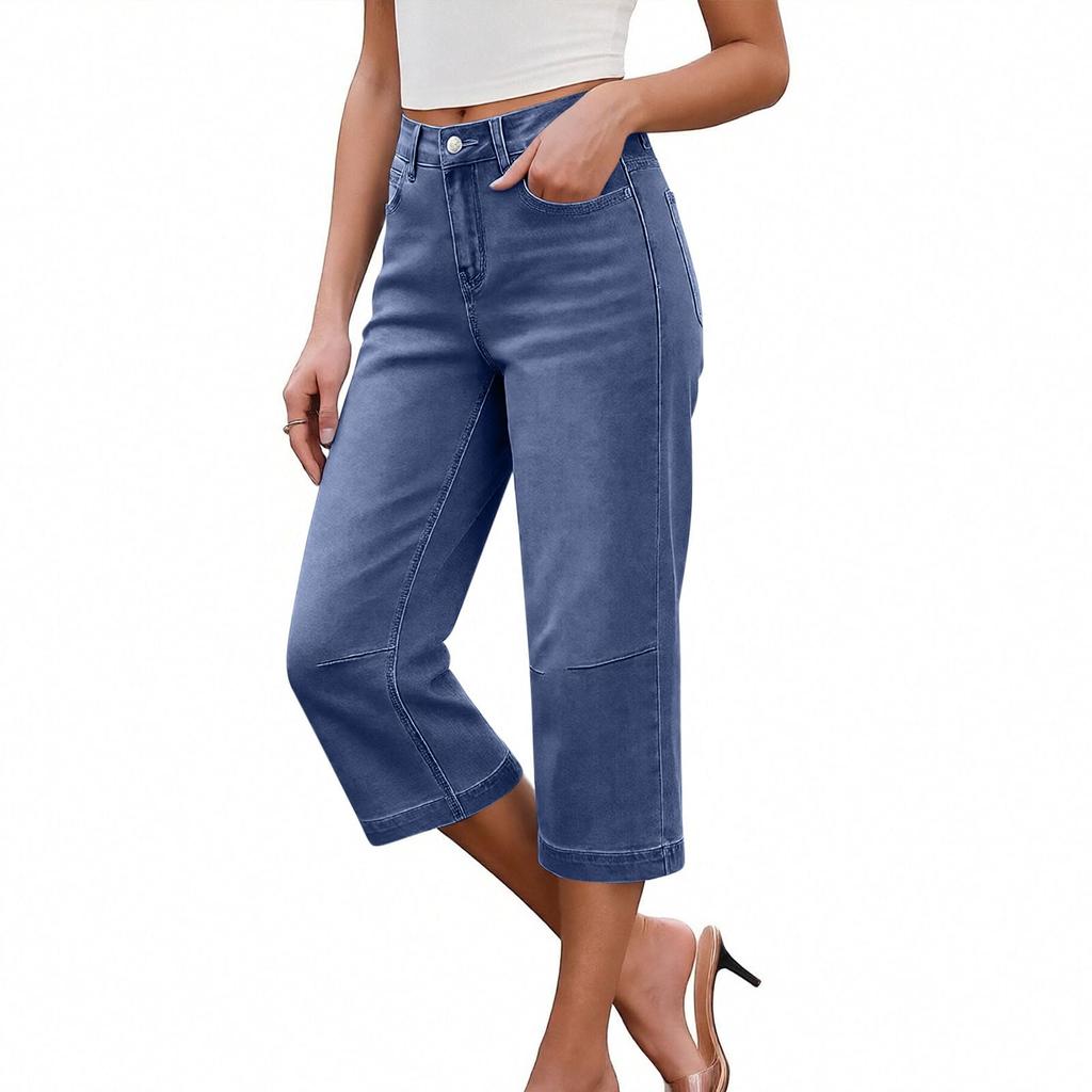 Damen High Waist Denim Capris Lässige Weite Beine Verkürzte Jeans Mit Taschen
