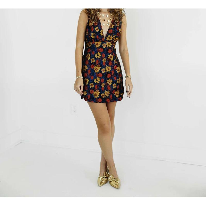 Foreign Trade Order Temperament Fashion Elegant Beautiful Jacquard Lady Flower V-neck Backless Slimming Short Gyaru Dress